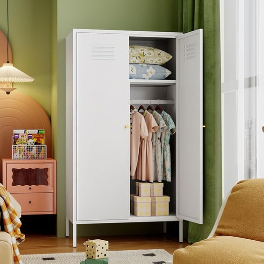 2 Door Metal Wardrobe,Classified Storage Tall Storage Cabinet with Hanging Rod&2 Freely Adjustable Shelves, Metal Armoire Closet for Kids Bedroom, Laundry Room,Home (Storage Cabinet, White)