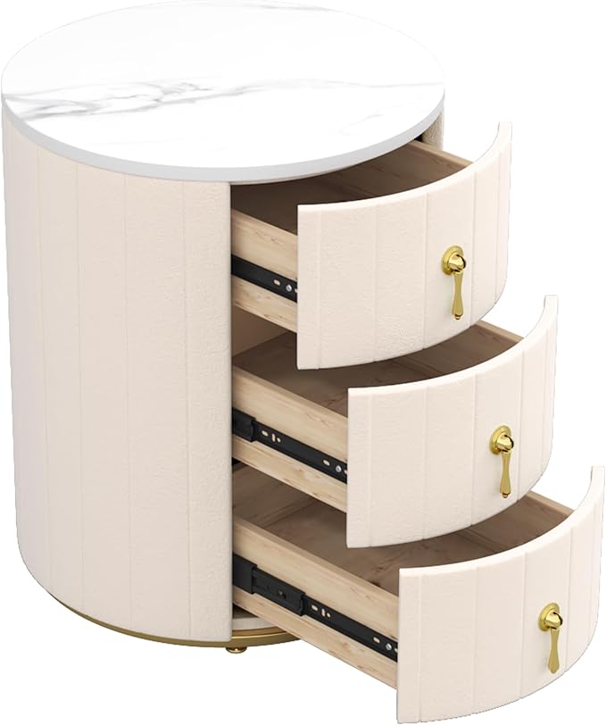 Bellemave Set of 2 Upholstered Nightstand with 3 Drawers, Two Round Bedside Tables with Metal Handles, Velvet End Tables, Marbling Stickers Top Nightstands (Beige)