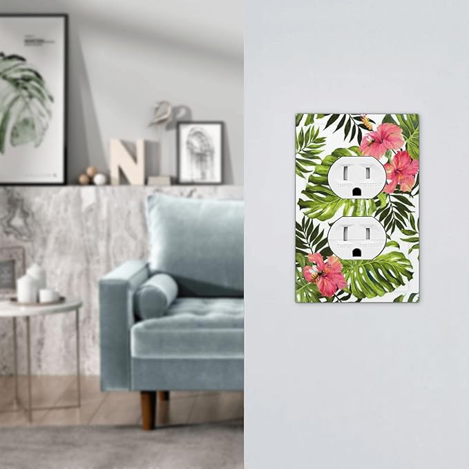 Tropical Plant Green Palm 1 Gang Duplex Outlet Covers Light Switch Cover Decorative Electrical Switchplate Banana Leaves Pink Flower Rainfores Jungle Botanical Faceplate for Bathroom Bedroom