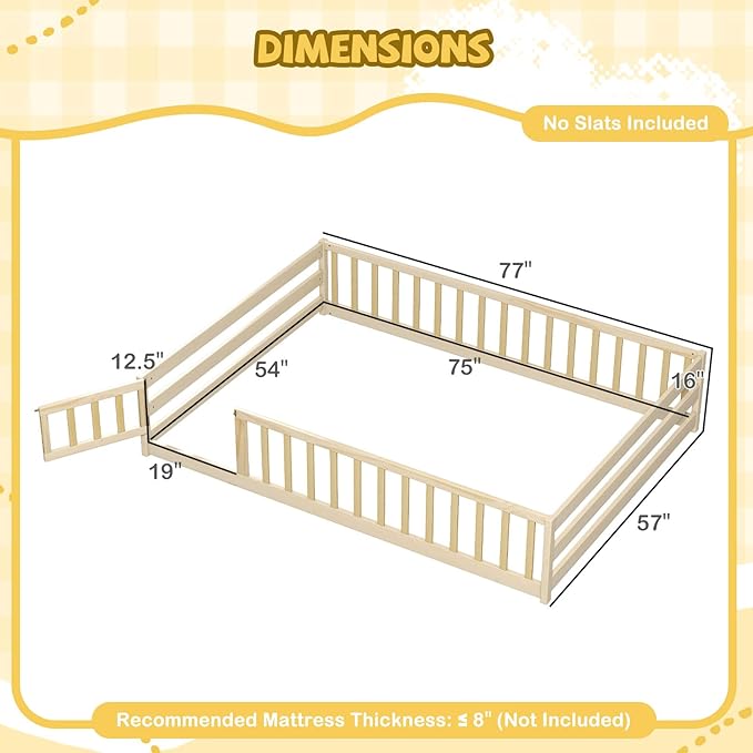 Giantex Full Floor Bed with Door & Fence, Kids Wood Montessori Beds with Safety Guardrails, Floor Bed Twin for Kids, Boys, Girls, No Box Spring Needed, Natural
