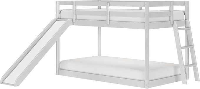 Grain & Grove Bear Twin Over Twin Bunk Bed with Slide, Low Bunk Bed Frame for Kids, Bunk with Ladder, Guardrail, and Slats, No Box Spring Required, Brushed White