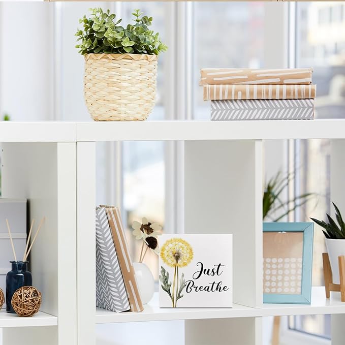 Secret Santa Gifts Just Breathe Decorative Wooden Box Sign, dandelion Inspirational Quotes Deco Rustic Farmhouse Home Office Shelf Table Decorations Wood Block Plaque