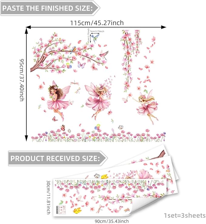 Pink Fairy Garden Wall Decals, Cherry Blossom Tree with Butterflies Wall Stickers for Girls Room Nursery Decor, 45x37 inches, 3 Sheets