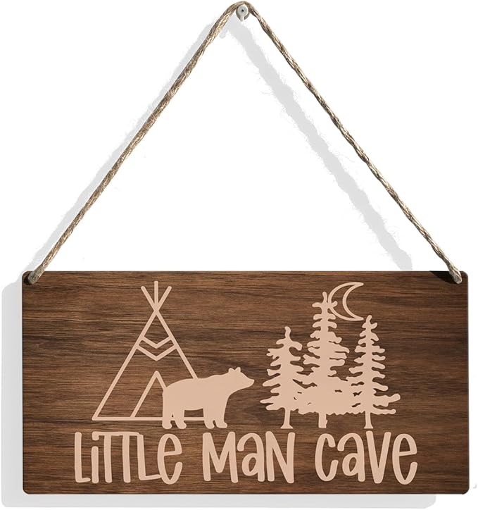 Little Man Cave Sign Woodland Nursery Wall Decor for Baby Boys Nursery Room Decor for Boys Bedroom Farmhouse Sign Rustic Bear Forest Animal Signs 12 × 6 Inch（Wood 4008）