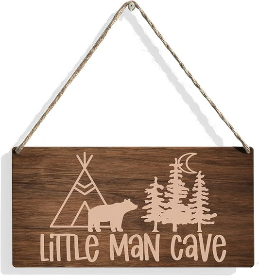 Little Man Cave Sign Woodland Nursery Wall Decor for Baby Boys Nursery Room Decor for Boys Bedroom Farmhouse Sign Rustic Bear Forest Animal Signs 12 × 6 Inch（Wood 4008）