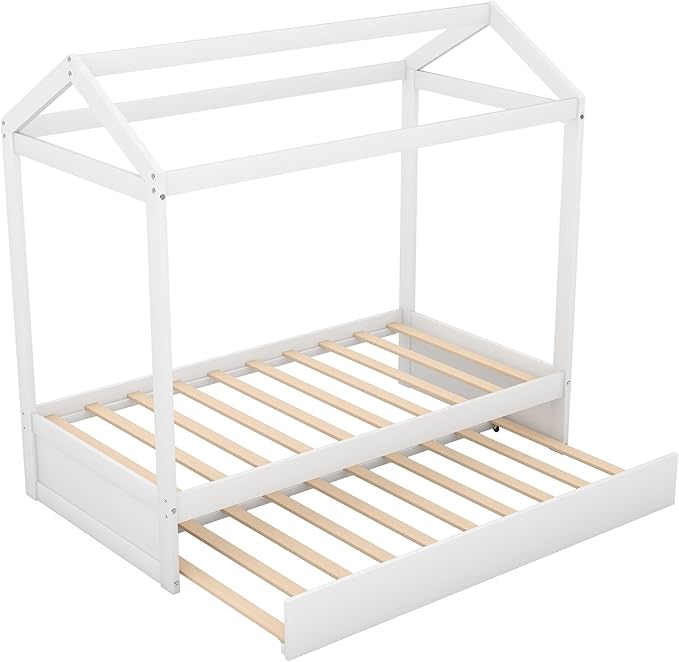 Merax House Bed with Trundle, Solid Wood Twin Size Daybed for Girls & Boys, Kids Platform Bed Frame with Roof for Bedroom, No Box Spring Needed, White