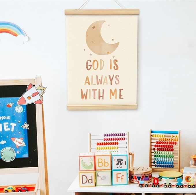 PLKMN Christian Nursery Wall Decor, God is Always with Me Wall Art with Wooden Poster Hanger, Boho Moon Christian Wall Decor for Nursery Kids Room Sunday School Preschool Classroom, 12x16 Inch