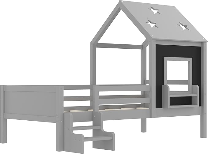 Bellemave Twin House Bed with Rails or guardrails and Bookcase, Wooden Twin House Shape Platform Bed for Boys, Girls, Teens, Gray