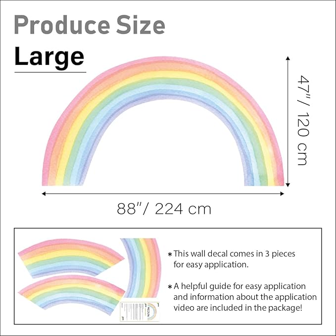 Watercolor Rainbow, Sun, Polka Dots Wall Decal for Kids Room, Nursery, Baby Room Decor, Polka Dots Mural, Rainbow Wallpaper (Rainbow, Large)