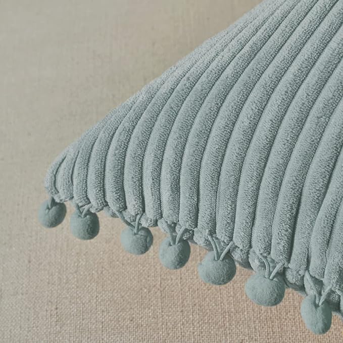 Fancy Homi Pack of 2 Farmhouse Decorative Throw Pillow Covers with Pom-poms, Soft Corduroy Solid Square Cushion Cases Set for Couch Sofa Bedroom Car Living Room (18x18 Inch/45x45 cm, Grey Blue)