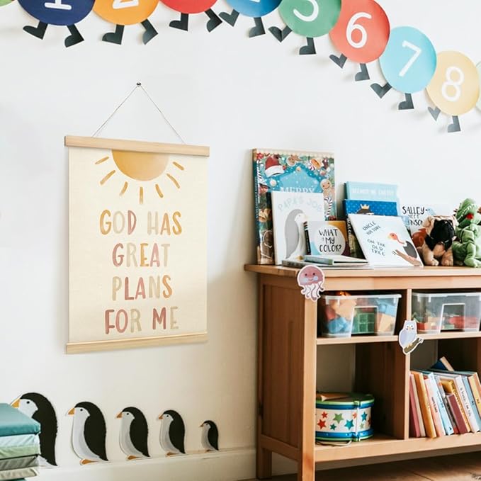 PLKMN Christian Nursery Wall Decor, God Has Great Plans for Me Wall Art with Wooden Poster Hanger, Boho Sun Christian Wall Decor for Nursery Kids Room Sunday School Preschool Classroom, 12x16 Inch