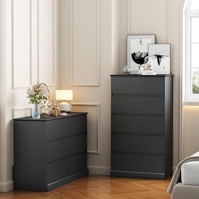 5 Drawer Dresser, Modern Tall Dresser for Bedroom, Wooden Black Chest of Drawers with Large Stoage, Vertical Dressers for Bedroom,Living Room, Entryway, or Hallway, Black