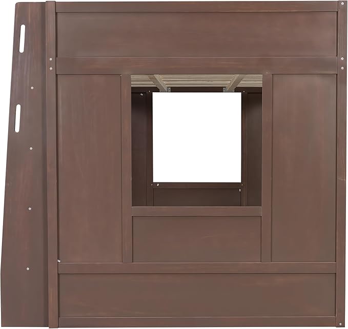 Playhouse Design Queen Size Loft Bed with Built-in Storage Shelves and 2 Windows, Solid Wood Loft Bed Frame with Safety Guardrail for Kids Teens Boys Girls, Space-Saving (Brown-12.9)