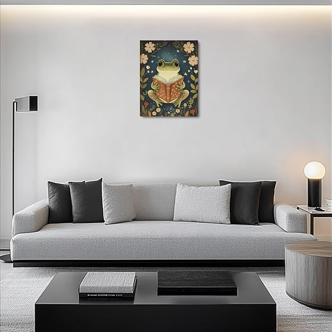 Whimsical Reading Frog Decor Book Lovers Gifts Bookish Gifts Wall Decor Canvas Wall Art Framed Prints Artwork for Living Room Library Office Cozy Art Study Nursery Decorations Painting 11.5X14.5 Inch