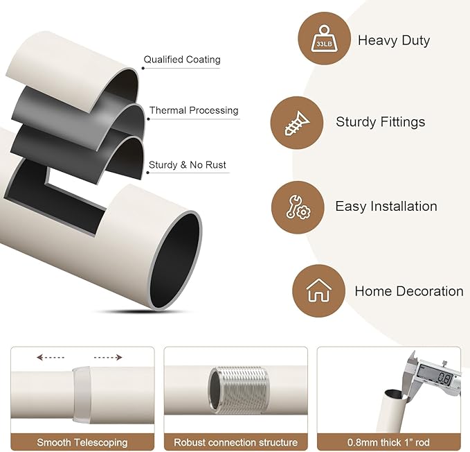 Modern White Curtain Rods for Windows 66 to 120 Inches Adjustable Length Heavy Duty 1" Diameter Window Curtain Rod with Decorative Finials for Outdoor Farmhouse Bedroom Kitchen Living Room