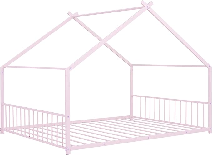 Full Size House Shaped Montessori Platform Beds, Wood Floor Bed Frame with Roof and Fence Deisgn, Kids Double Toddler Bed for Children Boys Girls, Easy Assemble, No Box Spring Needed, Pink