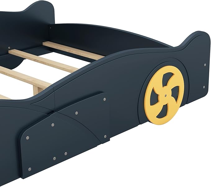 Full Size Race Car-Shaped Platform Bed with Wheels and Storage,Wood Car Bed Frame W/Guardrails,No Box Spring Required,for Boys Toddlers Kids Child's Bedroom,Dark Blue+Yellow