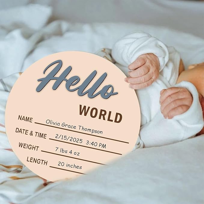 Monthly Baby Milestone and First Holiday Signs, Wooden Baby Months Disc Set 1-12, Hello World Newborn Announcement Props (Blue)