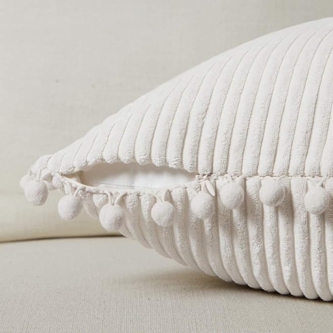 Fancy Homi Set of 2 Cream White Decorative Throw Pillow Covers 12x12 Inch with Pom-poms for Couch Bed Sofa, Modern Farmhouse Boho Home Decor, Soft Plush Corduroy Cute Cushion Case 30x30 cm