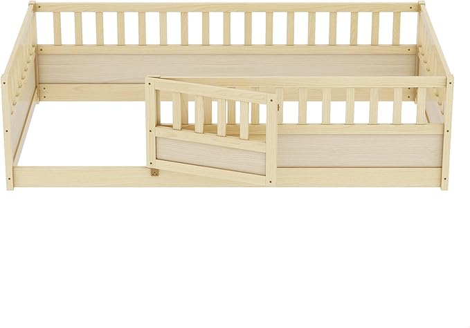 GDFStudio Twin Size Toddler Floor Bed Frame with Door & Guardrails, Toddler Twin Bed Frame for Kids Boys Girls, Low to Floor Child Bed Rail Design, Wooden Floor Bed for Baby, No Support Slat, Natural