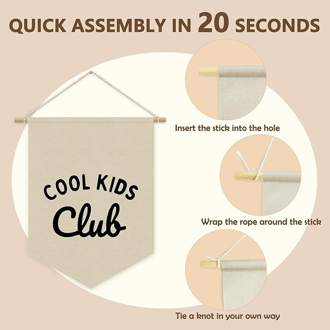 Kids Room Decor, Cool Kids Club Linen Canvas Banner, Neutral Minimalist PlayRoom Wall Hanging Pennant Flag Banner for Nursery Toddler Room Bedroom Decor, 15x11in