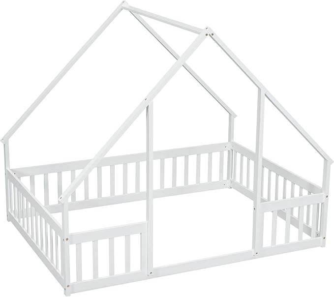 Bellemave Full Floor Bed for Kids, Girls, Boys, Wood House Bed Frame, House Floor Bed for Kids, Full Size Montessori Floor Bed with Fence, Playhouse, White