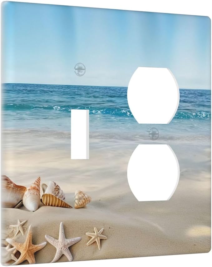 Outlet Covers Summer Beach Starfish Shells 2 Gang Combination 1 Toggle/1 Duplex Light Switch Cover Decorative Gfci Wall Plate Electrical Receptacle Switchplate Faceplate for Kitchen Decor