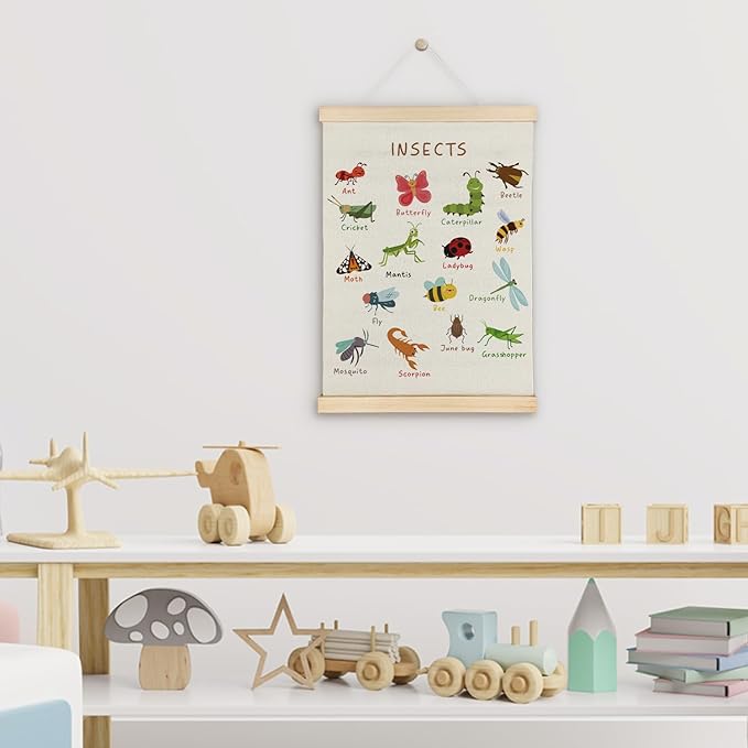 SereneHanctuary Insect Animal Wall Art,Animal Nursery Wall Decor, Boho Insects Educational Poster Hanger Frame for Toddler Kids Bedroom Nursery Playroom Classroom Decor,12x16 Inches
