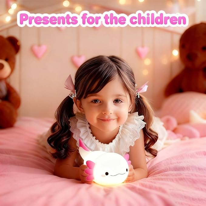 Cute Axolotl Night Light for Kids Bedroom, Animal Silicone Nursery Night Lamp Touch Control Nightlights USB Rechargeable Bedside Lamp for Baby Children Toddlers Girls Gift (pink Axolotl 1)