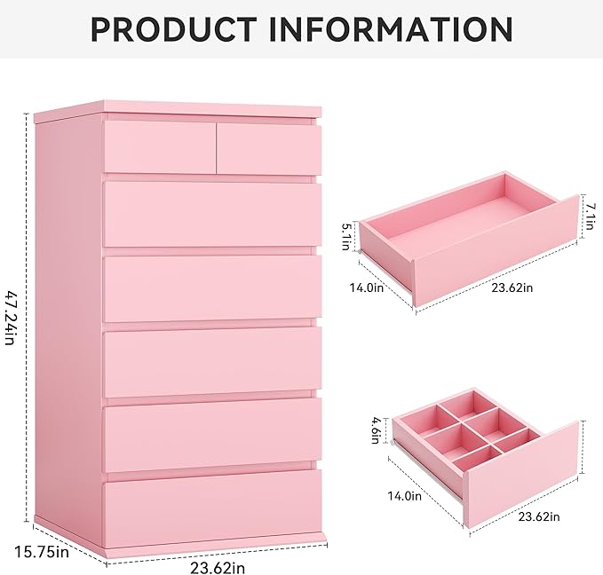 Pink Tall 7 Drawer Dresser for Bedroom, Modern Wood Closet Dressers & Chests of Drawers with Jewelry Storage, 23.6" L*15.8" W*47.5" H in Large Vertical Dresser for Bedroom, Living Room, Nursery