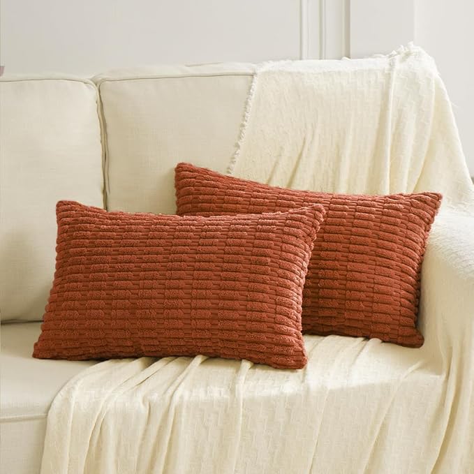 Fancy Homi 2 Packs Burnt Orange Decorative Throw Pillow Covers 14x24 Inch for Living Room Couch Bed Sofa, Rustic Farmhouse Fall Home Decor, Soft Striped Corduroy Square Cushion Case 35x60 cm