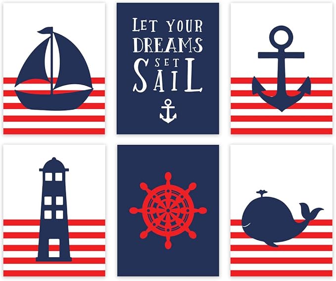 Andaz Press Ocean Nautical Sailor Theme Nursery Kids Bedroom Hanging Wall Art Decor, 8.5x11-inch, Red Stripes, Boat, Anchor, Lighthouse, Whale, 6-Pack, Unframed Room Poster