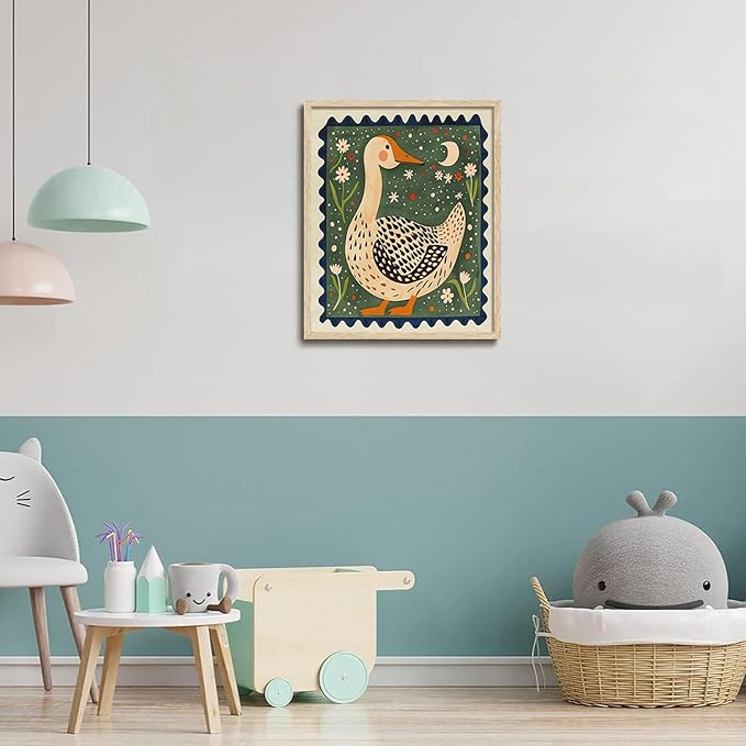KISSFOX Framed Wall Art Nursery Wall Decor Yellow Duck Pictures Kids Cute Animal Canvas Art Boho Floral Paintings Artwork For Children Boys Girls Room