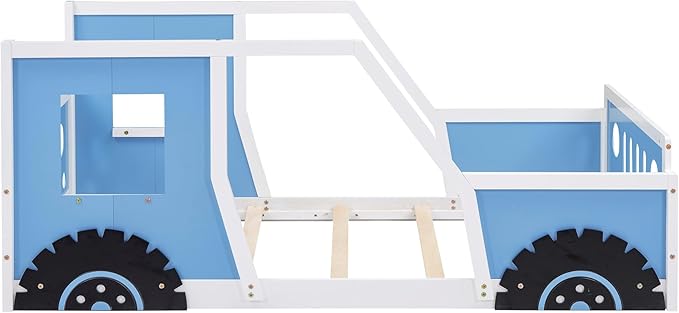 Merax Twin Size Classic Car-Shaped Platform Bed with Wheels, Wood Car Bed Frame for Boys, Blue