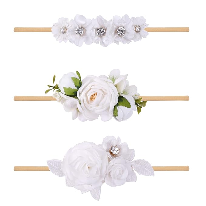 Baby Girl Floral Headbands- 3pcs Nylon Headband Handmade Flower Crown Elastic Hairband Newborn Toddler Hair Accessories Gifts for Girls （1-6 years old）