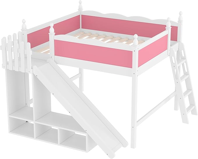 SOFTSEA Queen Size Loft Bed with Slide & Shelves, Kids Wood Loft Bed with Open Shelves and Cabinet, Playhouse Bed Frame with Detachable Slide and Ladder for Kids Girls, Pink + White