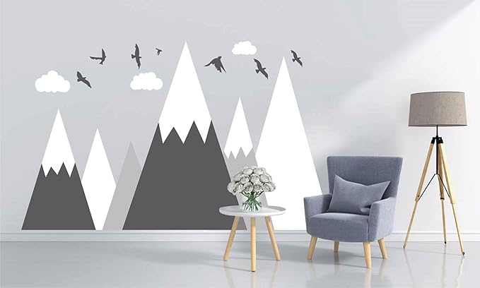 Mountain Wall Decal Baby Room Nursery Adventure Theme Cloud Birds Vinyl Wall Stickers BA972 (Color 2-Grey, 71X43.inches)