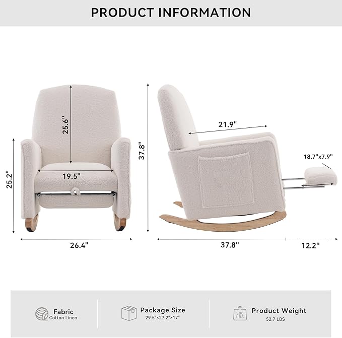 FOXHUNTER Rocking Chair Nursery with Adjustable Footrest and High Backrest, Upholstered Glider Chairs with Side Pockets for Nursery, Rocker Armchair Indoor for Living Room,White