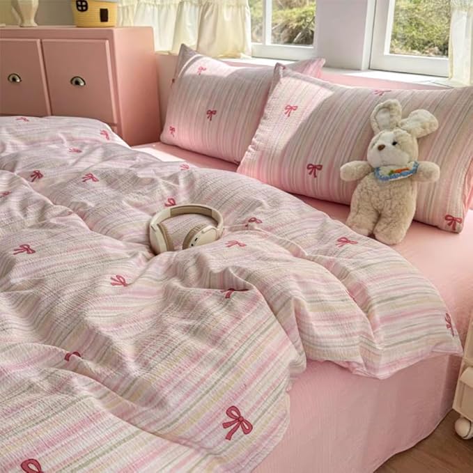 Striped Duvet Cover Queen Size Pink Bow Bedding Set Kids Boys Girls Princess Style Bowknot Coquette Reversible Soft Microfiber Duvet Cover Set 3 Pieces with 2 Pillowcases