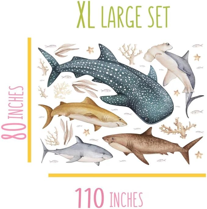 Fish Wall Stickers – Fish Decals for Coral Reef Decorations with Whale Shark, Hammerhead, and Coral, for Nursery Baby Kids Bedroom Bathroom, X-Large Set (100″×80″) 35 Pcs