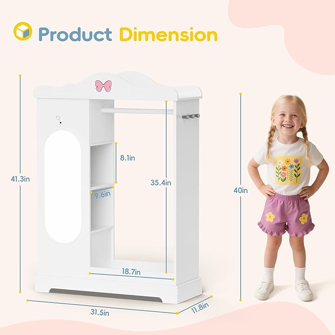 Kids Armoire with Jewelry Cabinet, Kids Dress Up Storage with Shelves, Girls Wardrode Costume Organizer with Full Length Mirror, Children Closet with Armoire for Bedroom, Kids Room, Girls