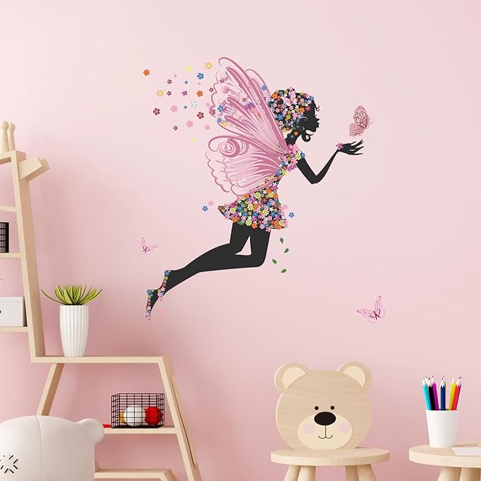 Supzone Butterfly Girl Wall Stickers - Flowers Fairy Wall Decal Removable Vinyl Art Stickers for Girls Baby Nursery Kids Bedroom Living Room Bathroom Decor Mural