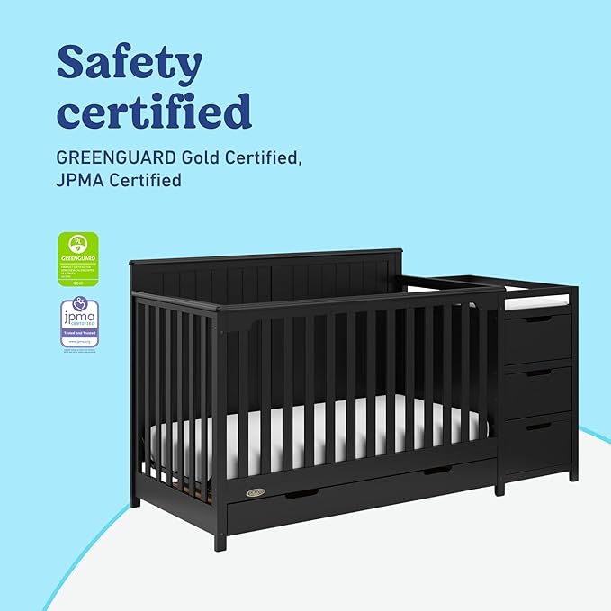 Graco Hadley 5-in-1 Convertible Crib & Changer (Black) – GREENGUARD Gold Certified, Fits Standard Crib Mattress, Converts to Toddler Bed and Full Bed, 4 Adjustable Mattress Heights