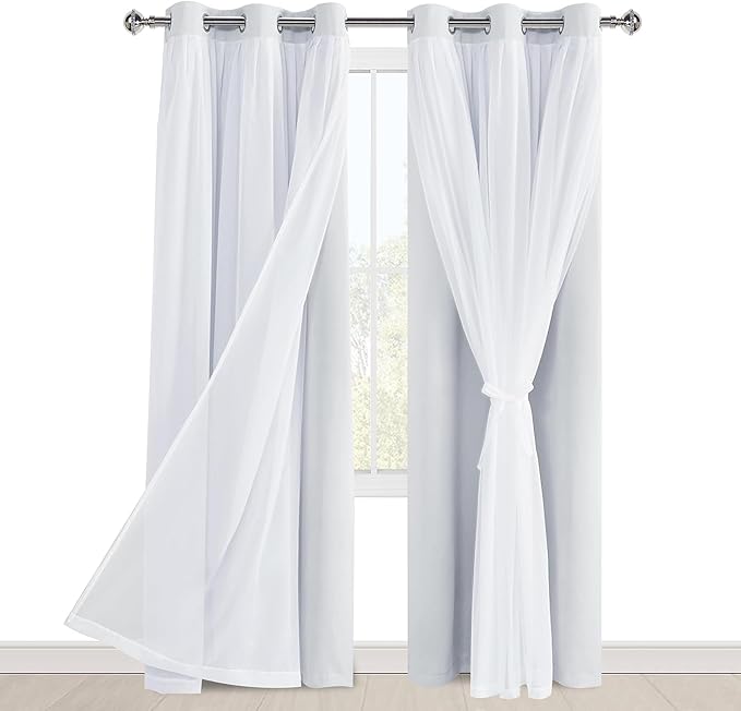 Hiasan Greyish White Blackout Curtains with Sheer Overlay, Grommet Thermal Insulated Mix & Match Double Layer Window Curtains for Bedroom, Living Room, 2 Drape Panels Sewn with Tiebacks, 38W X 84L