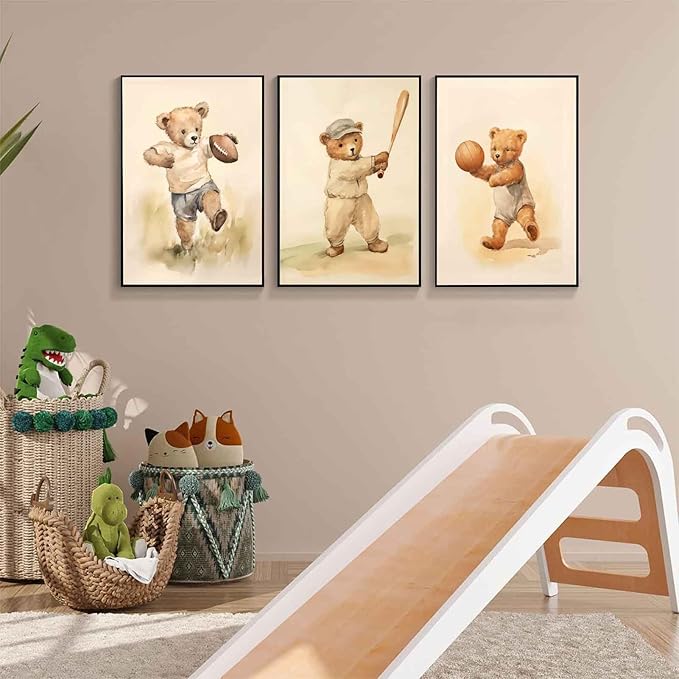 3Pcs Teddy Bear Sports Nursery Animal Canvas Wall Art Cute Woodland Baby Bear Rugby Wall Decor Pictures Football Basketball Baseball Kids Room Posters Prints for Children Bedroom Decoration No Frames