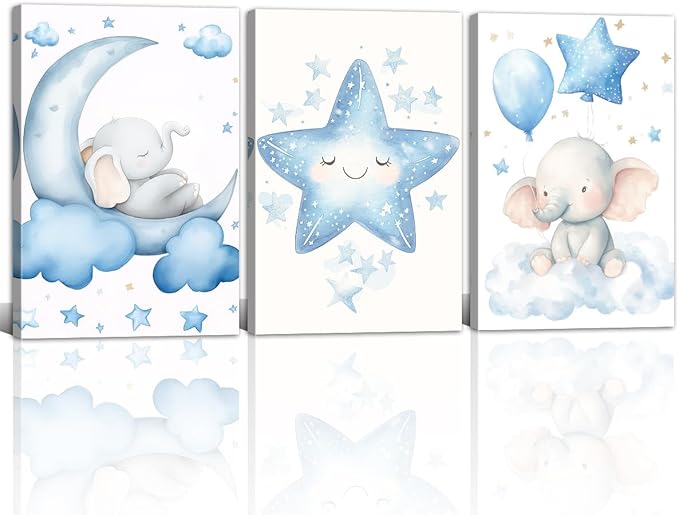 Nursery Wall Art Baby Boy Wall Decor Blue Elephant Moon and Stars Painting Prints Cute Animal Canvas Poster for Kids Room Decor Framed(Baby-2,11L x 14W x 3Pcs)