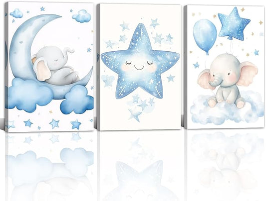Nursery Wall Art Baby Boy Wall Decor Blue Elephant Moon and Stars Painting Prints Cute Animal Canvas Poster for Kids Room Decor Framed(Baby-2,11L x 14W x 3Pcs)