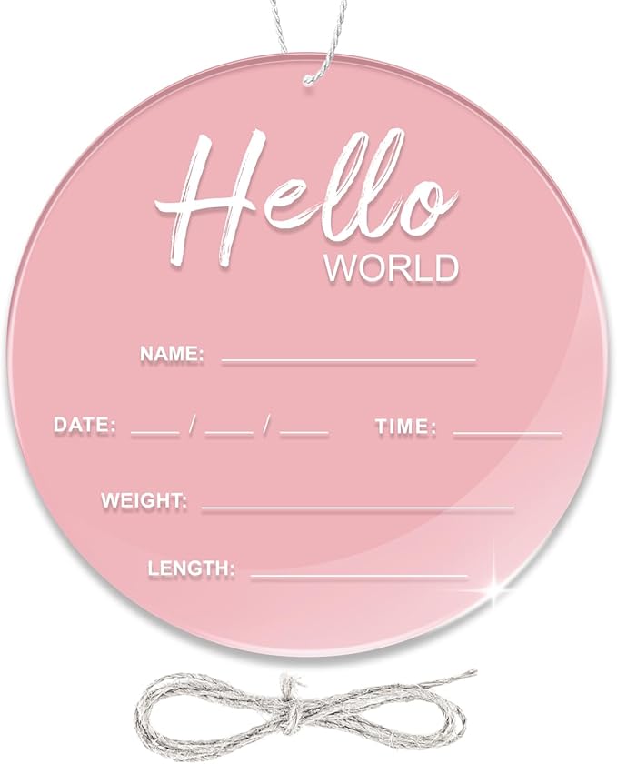 Baby Announcement Sign, 6.7 Inch Hello World Newborn Sign, Thickness Upgrade Baby Birth Sign for Nursery Hospital Newborn Photo Props Essentials (Pink)