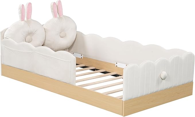 Twin Size Upholstered Platform Bed with Safety Guardrail and Cute Rabbit Ear Shaped Pillows, Velvet Fabric Montessori Kids Floor Bed with Pocket and Sturdy Slats Support (Beige-9.25)
