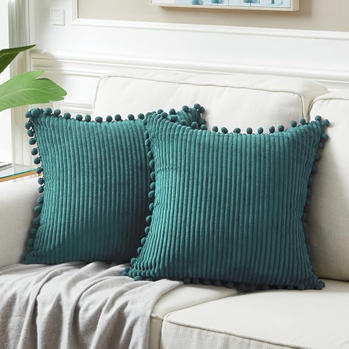 Fancy Homi Set of 2 Teal Decorative Throw Pillow Covers 12x12 Inch with Pom-poms for Couch Bed Sofa, Modern Farmhouse Boho Home Decor, Soft Plush Corduroy Cute Cushion Case 30x30 cm